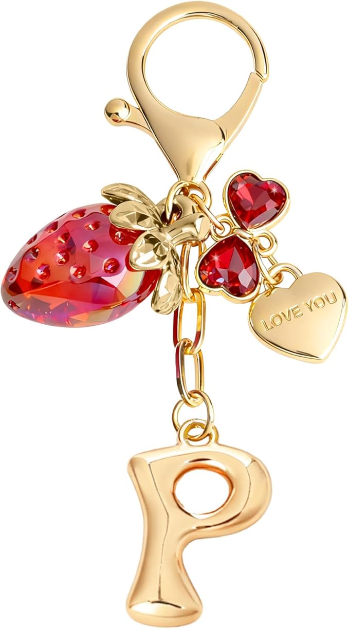 Snycler Bubble Initial Keychain with Strawberry & Bow- Gold Letter Bag Charms for Women, Cute Purse Handbag Accessories