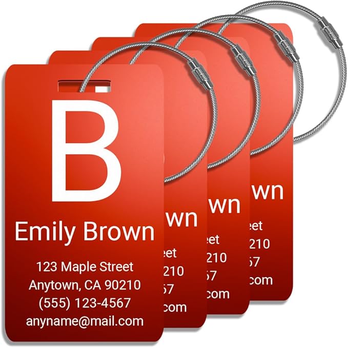 Personalized Luggage Tags for Suitcases 4 Pack – Custom Metal Name Tag for Travel, Golf Bag, and Baggage – Durable Aluminum Luggage Name Tags (Red, Vertical)