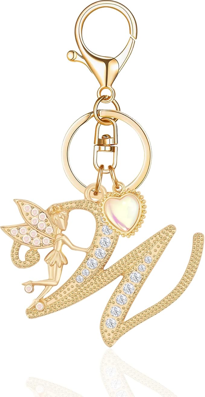 Gold Plated Alphabet Initial Letter Keyring Keychain for Women Girls Crystal Key Chains for Wallet Backpack Bag Charm
