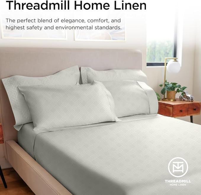 Threadmill King Size Sheets for King Mattress | 800 Thread Count Jacquard Celine Light Grey | Better Than Egyptian Cotton | 4 Pc Bed Sheets | Damask Sheet Fits 16'' Deep Pocket | 100% Cotton Sheets
