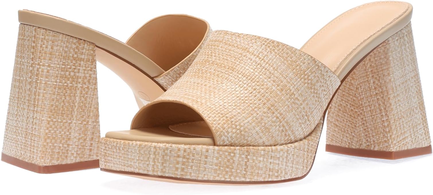 Monrovia Womens Sandals Heels for Women Slide On Block Chunky Platform High Heels Open Toe Raffia Wedge Sandals