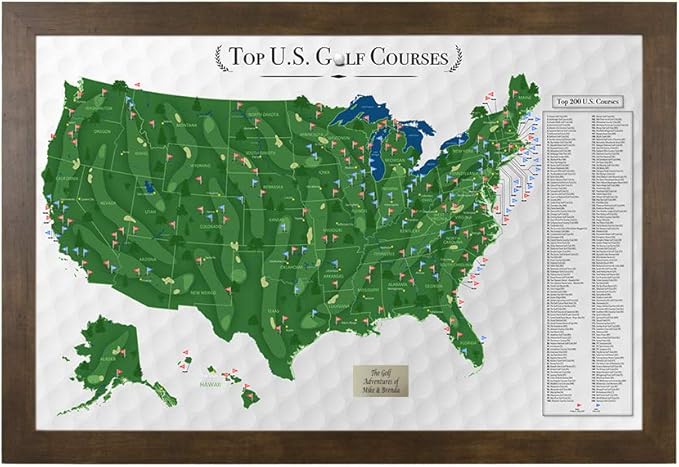 Push Pin Travel Maps Customizable Wall Art - Top Golf Courses USA Map - Rustic Brown - Personalized Framed Pin Map, Includes 150 Pins - Handcrafted in USA - 27.5" x 39.5"
