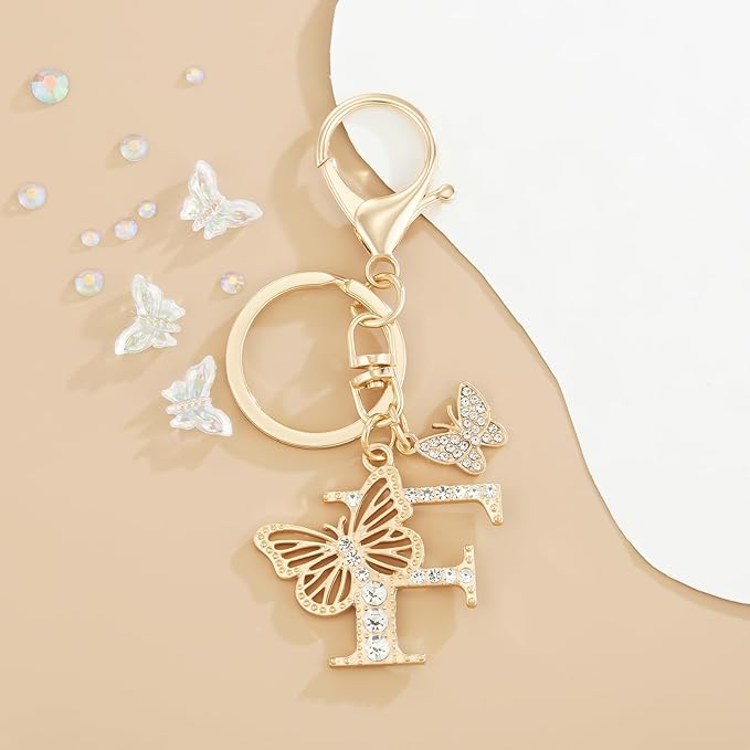 Gold Plated Alphabet Initial Letter Keyring Keychain for Women Girls Crystal Key Chains for Wallet Backpack Bag Charm