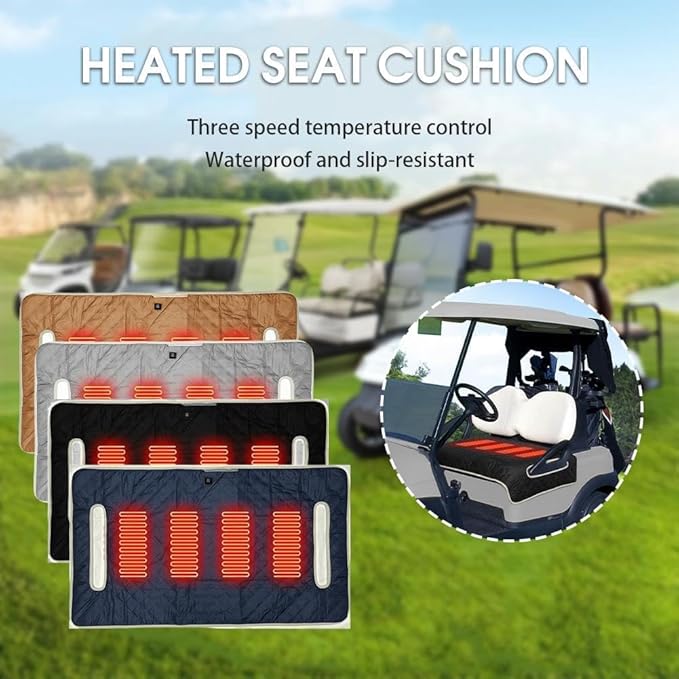 Universal Heated Golf Cart Seat Cover - Waterproof Golf Cart Heater Accessory w/ 4-Zone Warmth, 3 Heat Levels, USB/Type-C & 12V Plug for EZGO/Yamaha/Club Car (Brown)