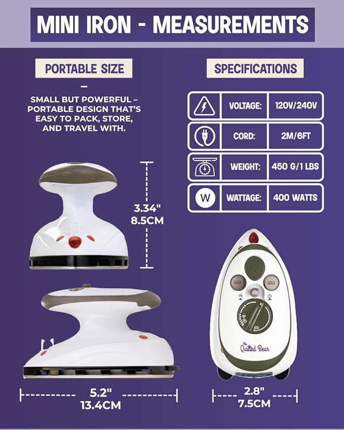 The Quilted Bear Premium Mini Steam Iron - Lightweight Mini Travel Iron for Effortless Quilting & Wrinkle-Free Clothes with Carry Case & Iron Rest Set - Travel Steamer for Clothes & Crafts (Black)