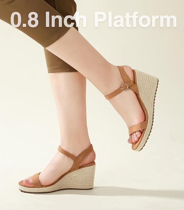 Ankis Platform Wedge Sandals for Women, Black Brown White Nude Espadrille Womens Wedge Sandals Comfortable Open Toe Ankle Strap High Heel Wedges for Women Dressy Summer -3.4Inch