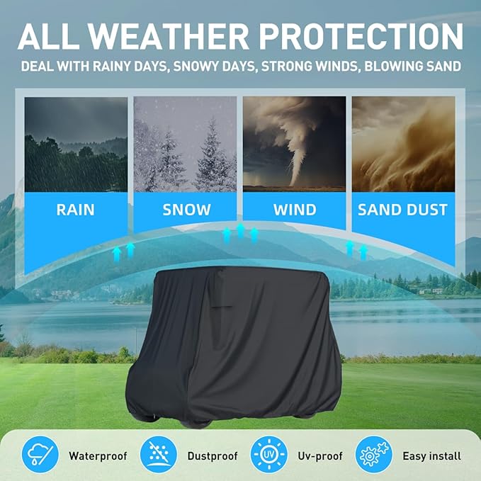 2/4 Passenger Golf Cart Cover for Yamaha EZGO Club Car, 420T Waterproof Polyester with Silver Coating,Waterproof,Dustproof,Windproof,Sunproof，All-Weather Protection (95-48-73-Black)