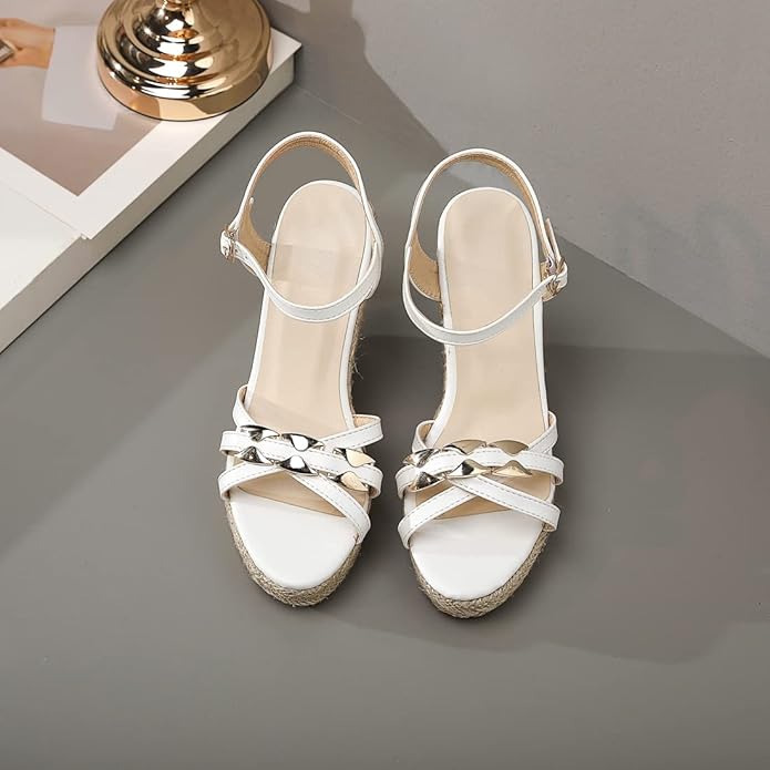 VOKLIN Women's Casual Espadrilles Wedge Sandals Open Toe Ankle Strap Metallic Chunky Platform Dressy Sandal