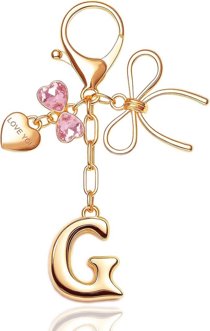 Gold Bubble Initial Keychain with Bow Decoration Bag Charms for Women, Cute Purse Handbag Accessories Gift