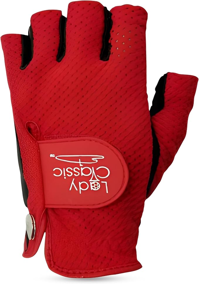 Mesh Half Golf Glove for Women – Premium Cabretta Leather Palm, Breathable Mesh Back, Half-Finger Design Ladies Golf Glove for Enhanced Grip & Comfort