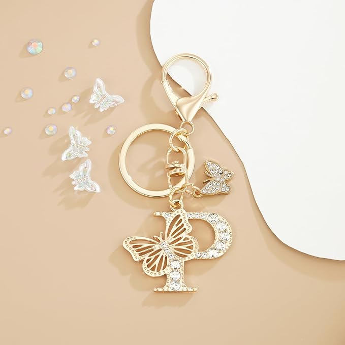 Gold Plated Alphabet Initial Letter Keyring Keychain for Women Girls Crystal Key Chains for Wallet Backpack Bag Charm