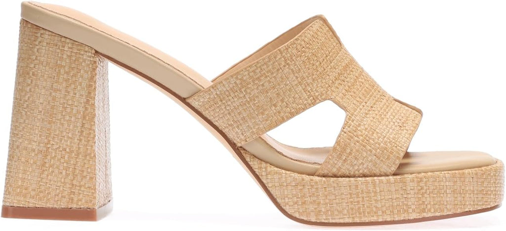 Monrovia Womens Sandals Heels for Women Slide On Block Chunky Platform High Heels Open Toe Raffia Wedge Sandals