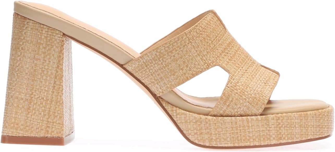 Monrovia Womens Sandals Heels for Women Slide On Block Chunky Platform High Heels Open Toe Raffia Wedge Sandals