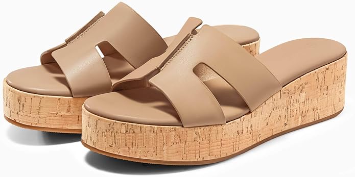 Coutgo Womens Platform Wedge Sandals Open Toe Slip On Slides Cork Heeled Comfortable Shoes