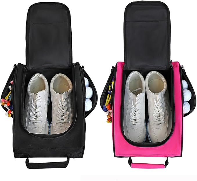 Goloni 2Pcs Golf Shoe Bag for Men & Women, Padded Travel Shoe Bag with Side Accessory Pockets,Sport Shoe Carrier for Golf Shoes,Socks,Tees & Balls,Durable & Lightweight Design (Black+Pink)