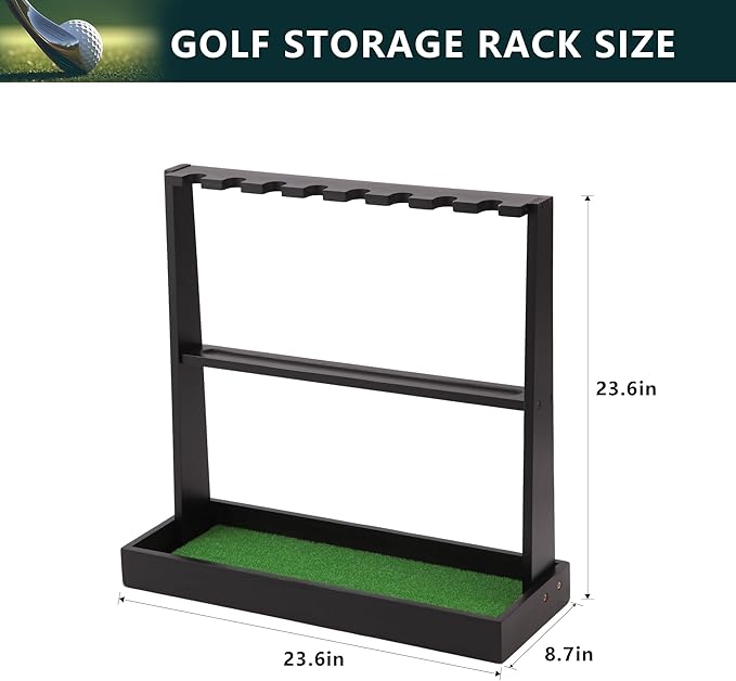 Golf Putter Stand, Golf Club Holder Stand Floor Display Rack - Holds 8 Clubs & 12 Balls with Artificial Grass Base, Wood Outdoor Golf Club Organizer for Indoor, Home, Office, Golf Club, Black