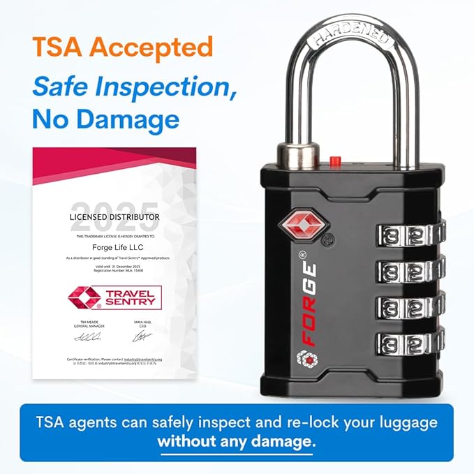 Forge 4-Digit TSA Approved Travel Locks – Heavy-Duty Combination Padlock for Travel, Gym, Pelican Case. Black 2-Pack.