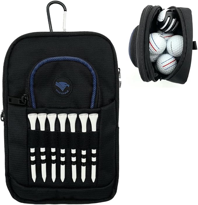 Golf Bag Pouch for Balls and Accessories | 3 Zipper Pockets | Detachable Clip | Store Up to 15 Balls | Front Tee Holder and 10 Bamboo Tees 3 1/4 in