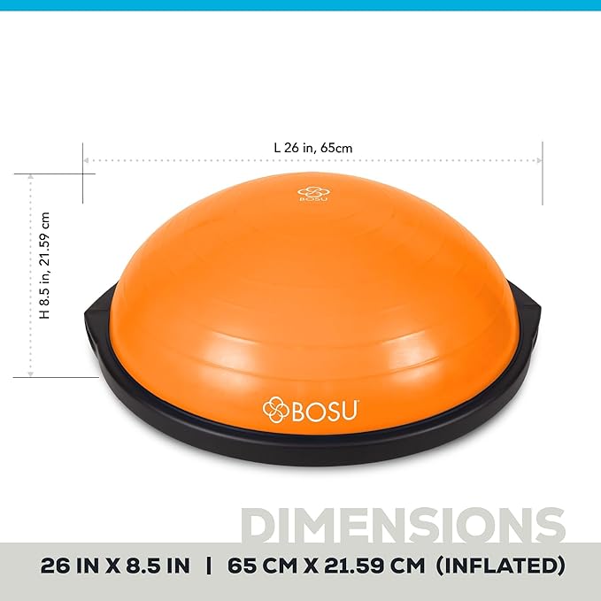 Bosu Balance Ball Exercise Trainer, Home Gym Equipment w/ Guided Workouts & Pump, 26", Blue - Inflatable Fitness Platform for Strength Training, Standing, Balancing, and Core Workout