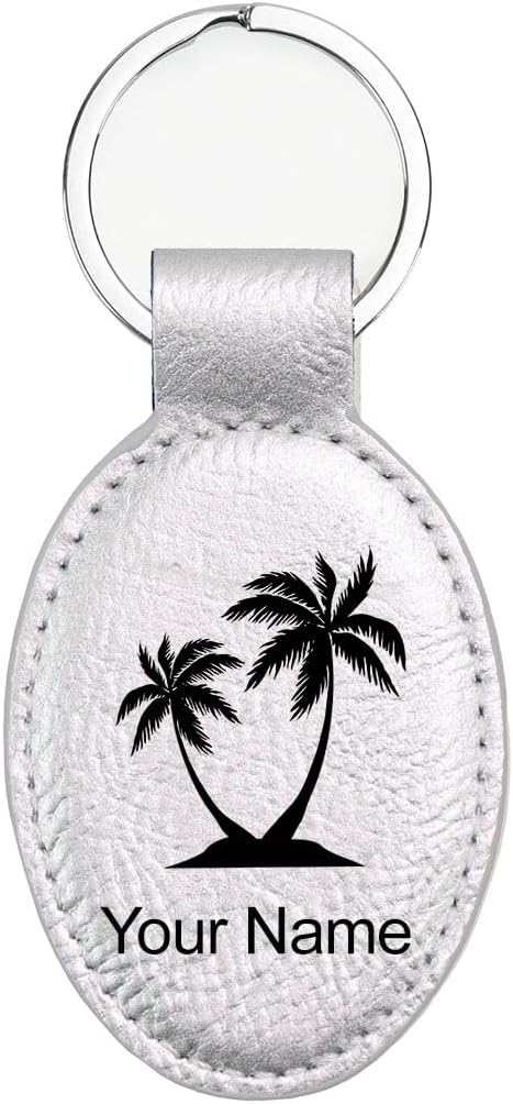 LaserGram Oval Keychain, Palm Trees, Personalized Engraving Included (Silver)