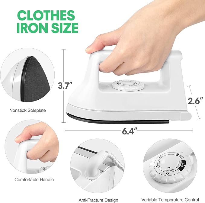 Mini Iron for Crafts and Travel - Electric Heat Press Machine for Quilting and Sewing (White) - 6.49 x 3.74 x 2.6 Inches