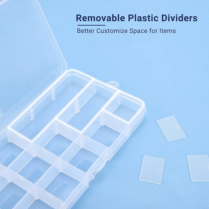 Rhinestone Organizer for Nails, 4PCS Cosics 15-Grid Clear Plastic Acrylic Nail Organizers & Storage Case with Movable Dividers, Empty Jewelry Nail Art Storage Containers Holder, Beading Box with Lids
