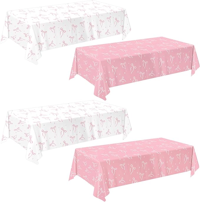 4 Pack Pink Bow Tablecloth, Coquette Birthday Decorations, Bow Disposable Table Cover for Wedding Engagement Bridal Birthday Decorations, 54 x 108 Inch