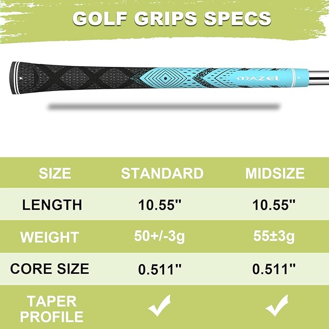 MAZEL Cord Rubber Golf Grips for Men - 10 Pack,All Weather Control Golf Club Grips Standard/Midsize,High Feedback & Traction