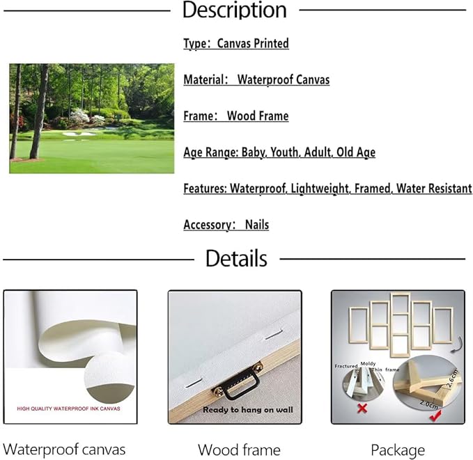 Augusta National Golf Club 12th Hole Wall Art for Living Room Bedroom Bathroom Home Decorations Golf Art Augusta Golf Course Poster Prints Golf Art Framed Ready to Hang(12''H x 16''W)