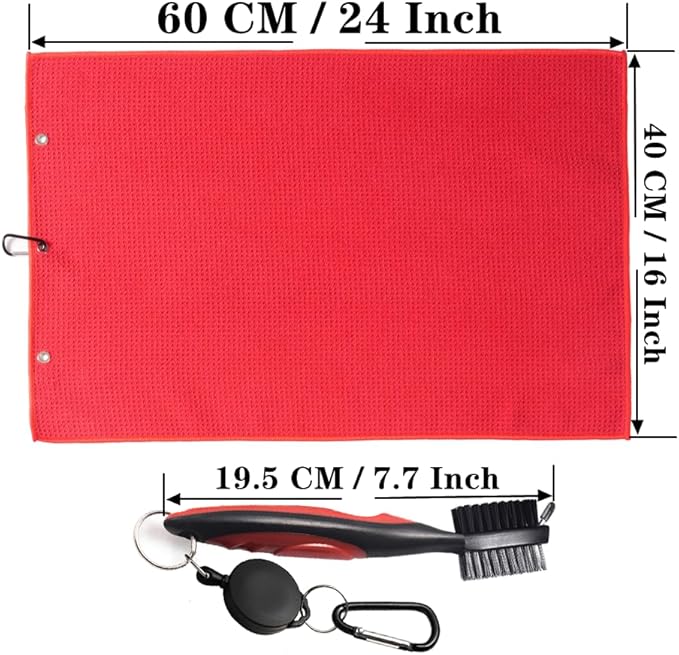 Golf Towels, Golf Towel and Brush Set, with Microfiber Waffle Design Golf Towel 16" X 24" with Hook and Loop Fastenerl and Retractable Zip-line Golf Club Brush (Red)