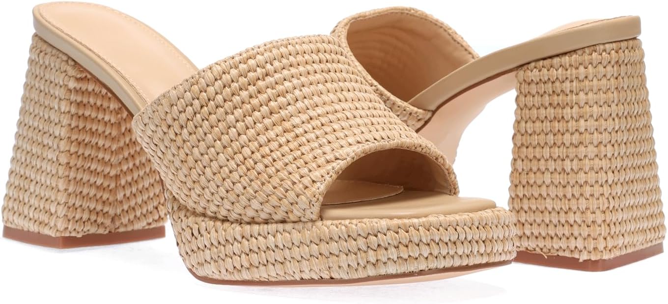 Monrovia Womens Sandals Heels for Women Slide On Block Chunky Platform High Heels Open Toe Raffia Wedge Sandals