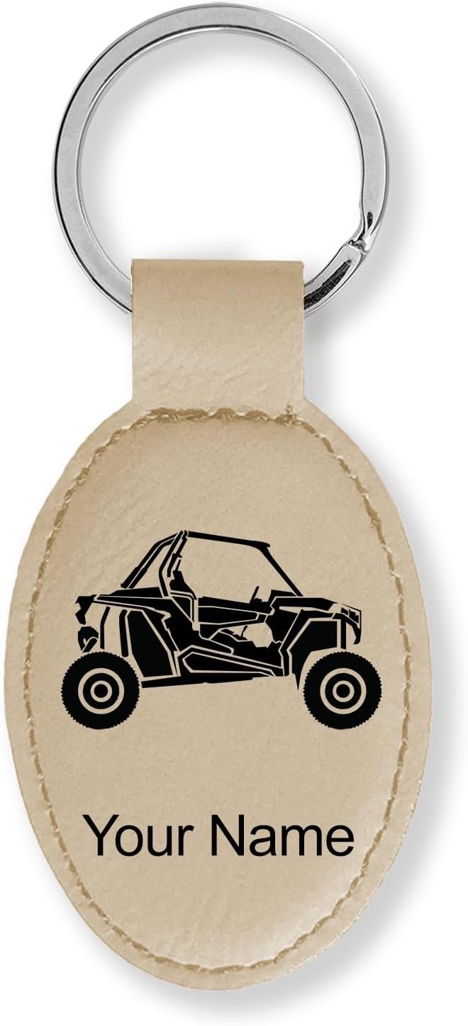 LaserGram Oval Keychain, Off Road Racer, Personalized Engraving Included (Beige)