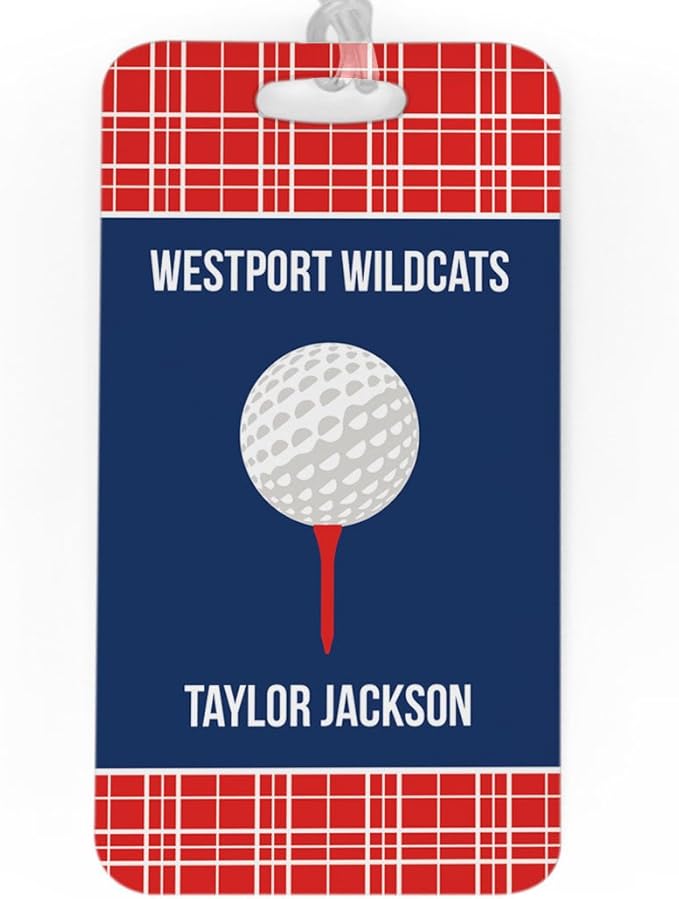 ChalkTalkSPORTS Golf Luggage & Bag Tag | Personalized Team with Golf Ball | Standard Lines on Back | Large | RED/Navy