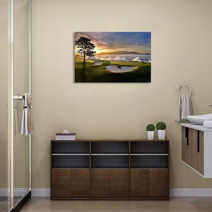 chenchenArt Pebble Beach Golf Course Wall Art Pictures Golf Course Poster Canvas Prints Golf Artwork Wall Decor for Living Room Bedroom Bathroom Home Decorations Framed Ready to Hang(12''H x 16''W)