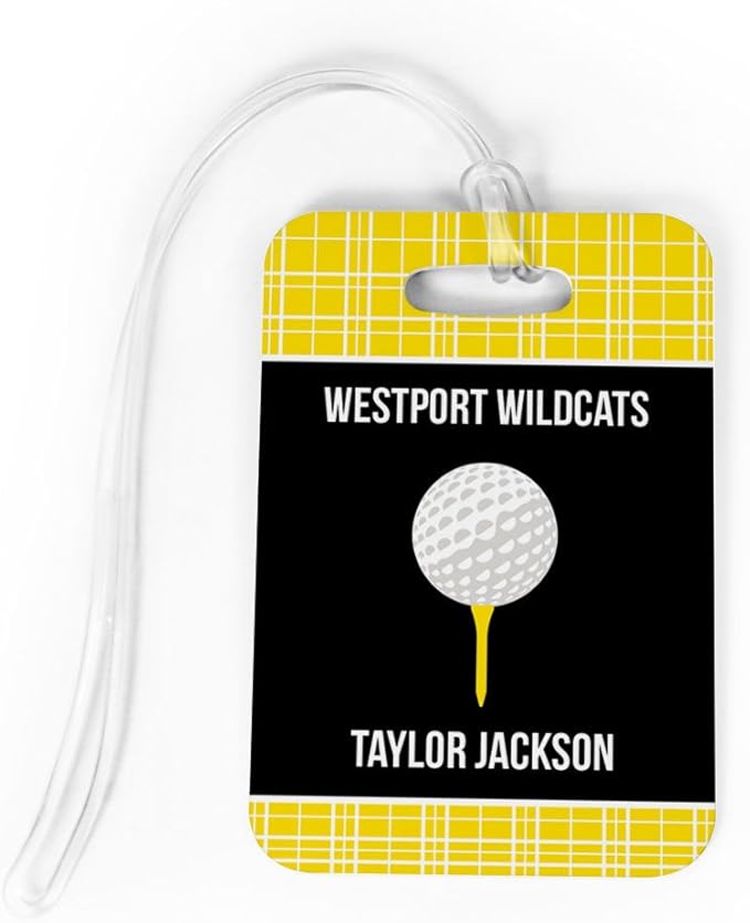 ChalkTallkSPORTS Golf Luggage & Bag Tag | Personalized Team with Golf Ball | Standard Lines on Back | Medium | Yellow/Black