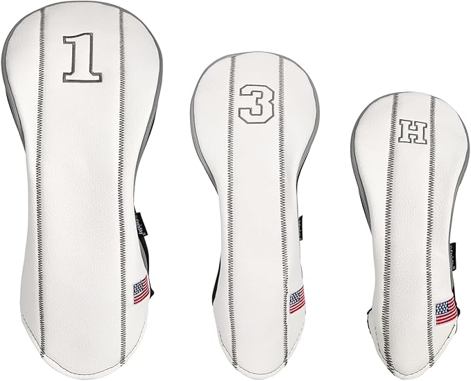 Golf Club Head Covers - Driver, Fairway #3#5, Hybrid Headgear - USA Flag Design - PU Leather - 3 Piece Set for Men and Women