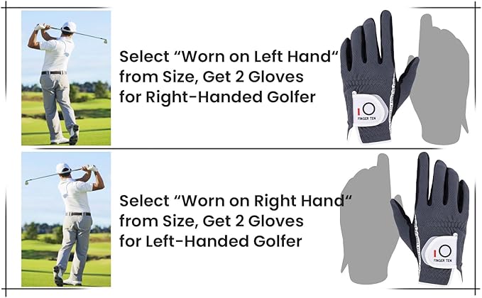 FINGER TEN Men's Golf Gloves for Right Left Handed Golfer Rain Grip Value 2 Pack, Golf Glove for Left or Right Hand Hot Wet Weather No Sweat Black Gray White Blue