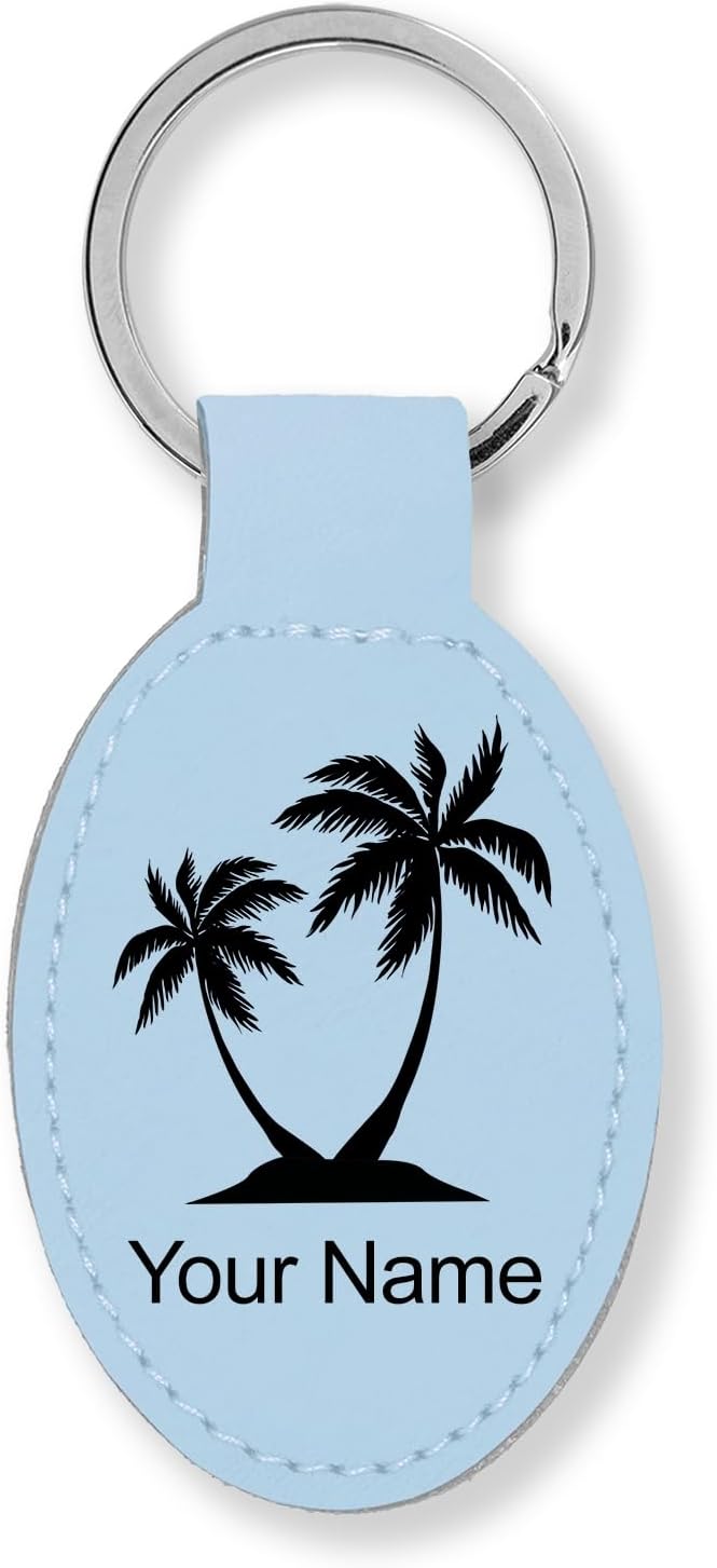 LaserGram Oval Keychain, Palm Trees, Personalized Engraving Included (Light Blue)