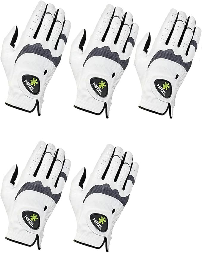 HIRZL Trust Hybrid – Men’s All Weather Golf Glove | Kangaroo Leather | Ultimate Grip and Ergonomic Fit, White/Black (Pack of 5)