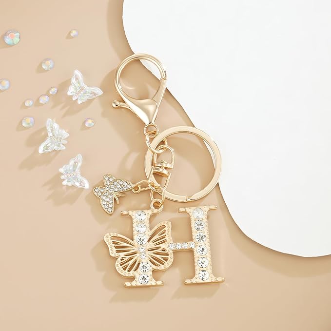 Gold Plated Alphabet Initial Letter Keyring Keychain for Women Girls Crystal Key Chains for Wallet Backpack Bag Charm