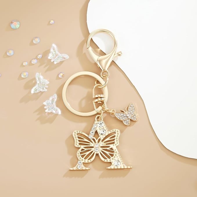 Gold Plated Alphabet Initial Letter Keyring Keychain for Women Girls Crystal Key Chains for Wallet Backpack Bag Charm