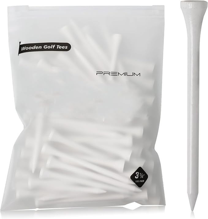 3-¼ inch Pro Wood Golf Tees | 100 Count | Resealable Bag | Natural Sustainable Bamboo Material | Tall White Wooden Tees | Perfect for Every Tee Shot