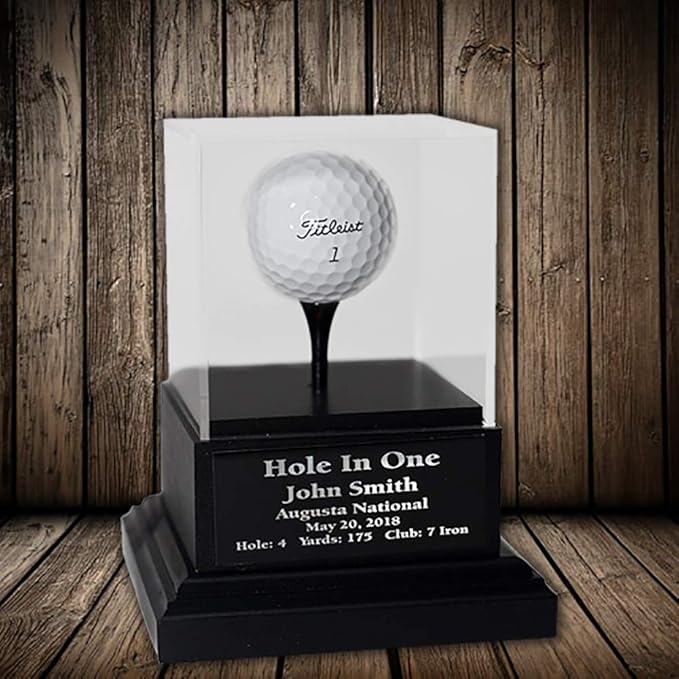 Acrylic Hole in One Golf Ball Display with Wood Base | Includes Engraved Plate | Cherry or Black Base | Removable Top | Made in The USA