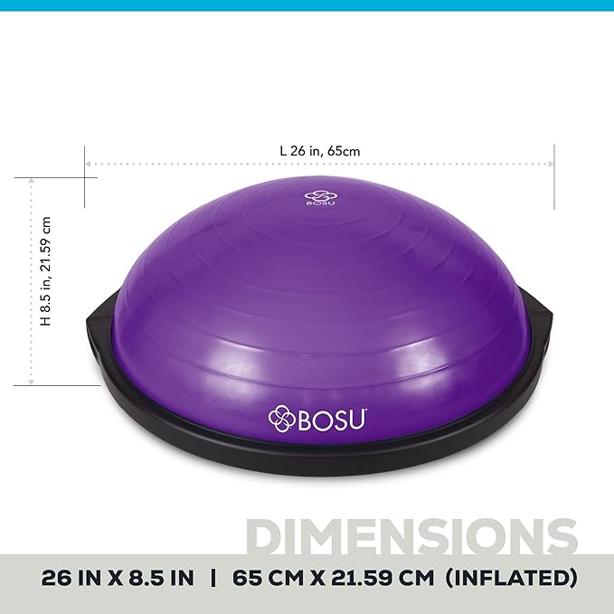 Bosu Balance Ball Exercise Trainer, Home Gym Equipment w/ Guided Workouts & Pump, 26", Blue - Inflatable Fitness Platform for Strength Training, Standing, Balancing, and Core Workout