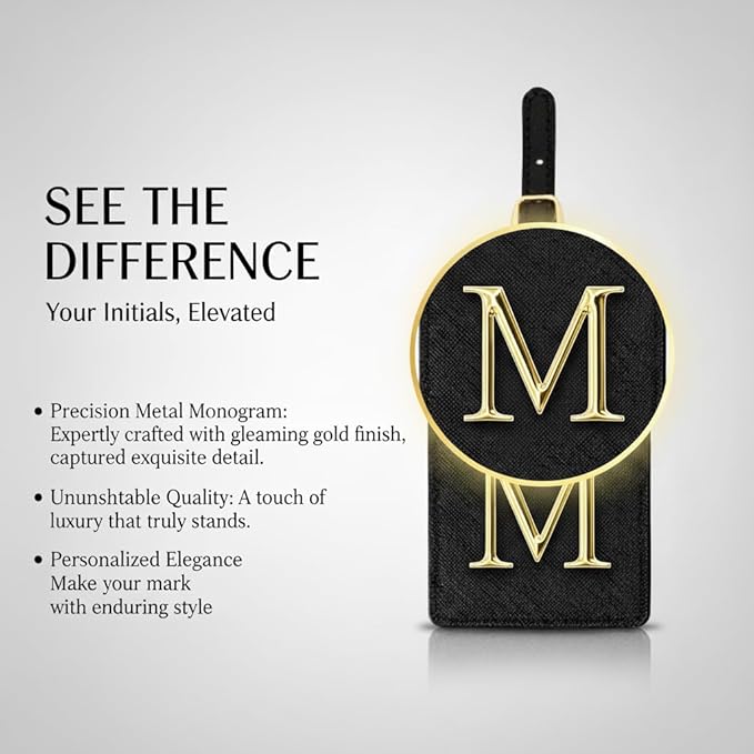 Personalized Initial Letter Luggage Tag for Suitcases PU Leather Baggage ID Tag with Metal Alphabet,Travel Accessory for Backpacks, Bags and Gift for Travelers (Black/Gold-Letter, M)