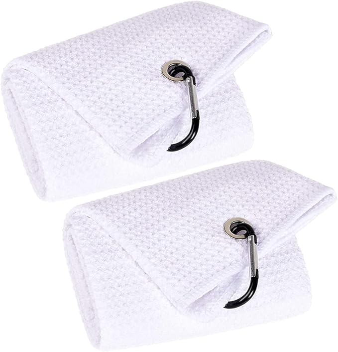 VIVIDLY 2 Pack 16" x 24" Tri-fold Golf Towels, Premium Microfiber Fabric Waffle Pattern with White Heavy Duty Carabiner Clip, Orange Golf Towels for Golf Bags for Men (White)