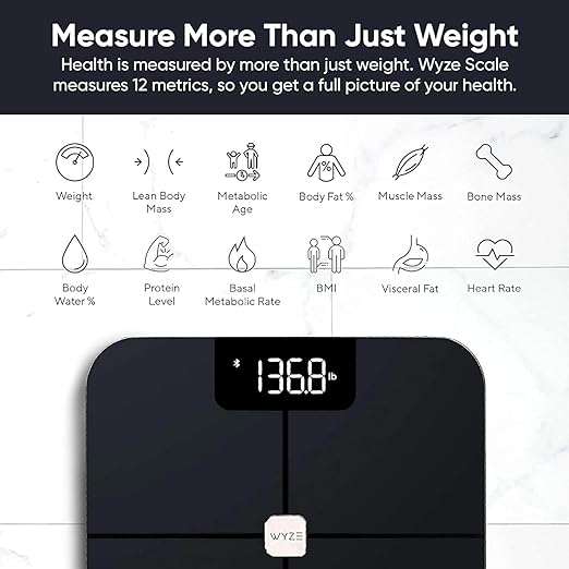 Wyze Scale for Body Weight, Digital Bathroom Smart Scale for Body Fat, BMI, and Heart Rate, 12 Body Composition Analyzer with App, Bluetooth, 400 lb - Black
