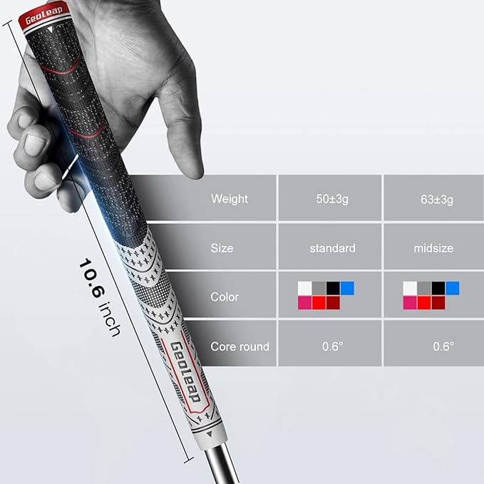 Geoleap Golf Grips Set of 13- Back Rib Improved Control，Multi Compound Rubber And Cord Hybrid Golf Club Grips, Standard/Mdisize, 7 Colors Optional.