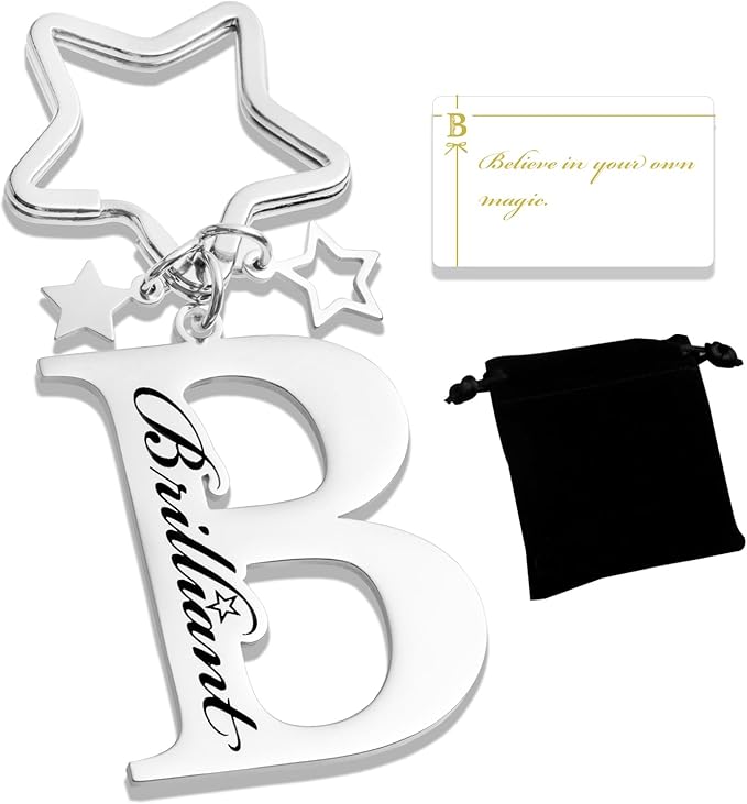 Qunrwe Stainless Steel Initial Letter A-Z Keychain,Inspirational Gifts for Women Men Friends Daughter Son Sister Dad Mom