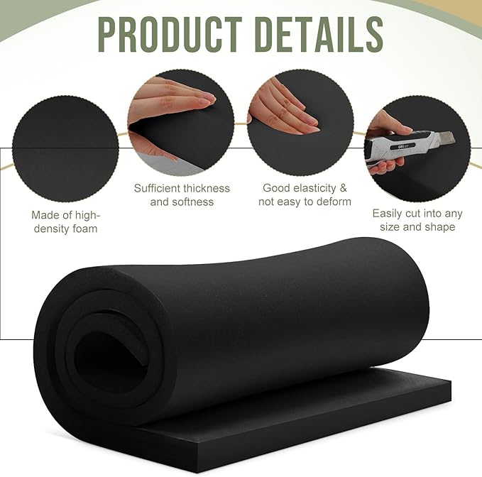 Frienda 2 Pcs Upholstery Foam 1/2" x 24" x 72" High Density Cushion Black Polyurethane Craft Foam Padding for Seat Replacement DIY Projects Chairs Headboards Sofas Home